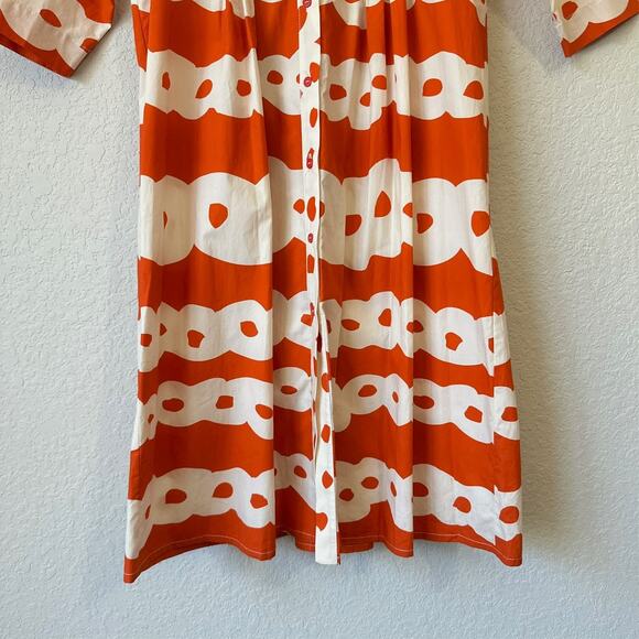 MIMISOL Long Shirt Dress Orange White Abstract Pleated Cotton Artsy NWT - Picture 7 of 12